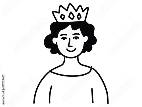 Doodle of a woman with a crown on her head in black and white style