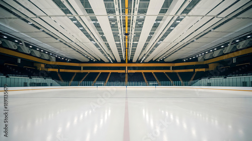 The vacant ice rink features bright overhead lighting, yellow support columns, and stadium seating positioned behind it.