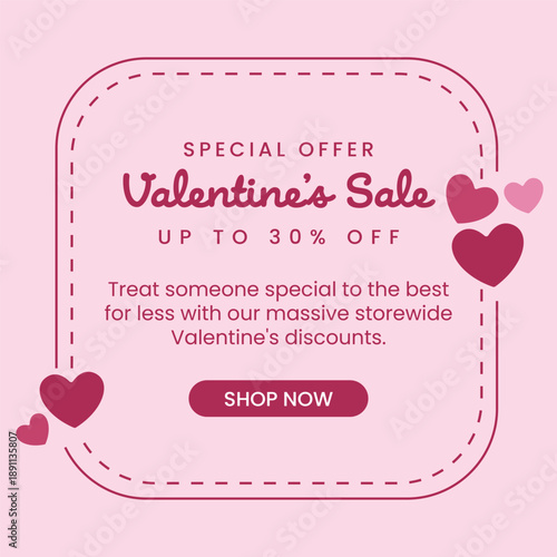 Valentine's Day sale banner template. Vector pink discount promotion background with hearts for shop marketing design