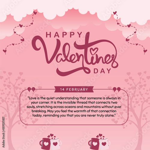 Valentine's Day quote background template. Vector pink romantic landscape illustration with text space for greeting card