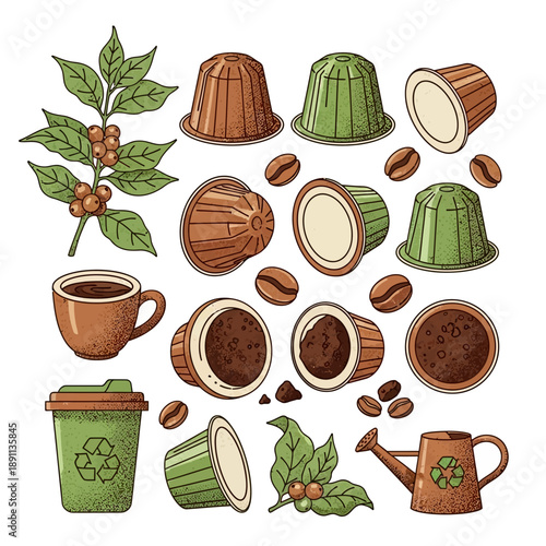 Vector Illustration of Coffee Beans, Capsules, and Plants with Eco-Friendly Cup and Watering Can