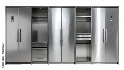 A modern, stainless steel wardrobe and storage system with refrigerator elements