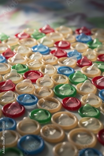 A vibrant and colorful assortment of condoms are scattered on a surface, creating a playful yet informative display.