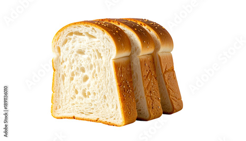 Four slices of fluffy white bread with slightly browned crusts, sesame seeds on top