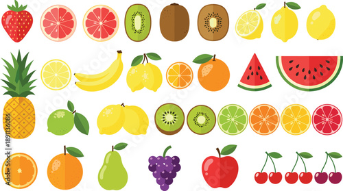 Fruit vector illustration set. Flat colorful tropical and fresh fruits collection. Healthy food icons for app, web, packaging, menu, infographic and design projects.