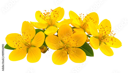Bright yellow flowers with prominent stamens and green leaves, isolated on black