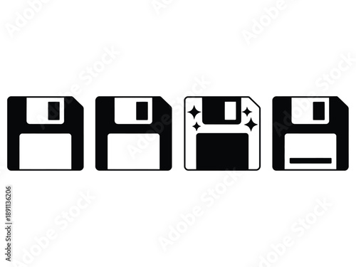 Four black and white floppy disk icons arranged in a horizontal row