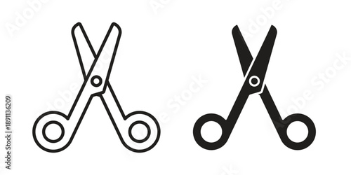 Pair of scissors icons, one outlined and one solid black, showing open blades for cutting or crafting design elements and tools
