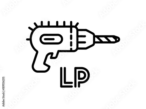 Outline illustration of a drill with the letters lp underneath