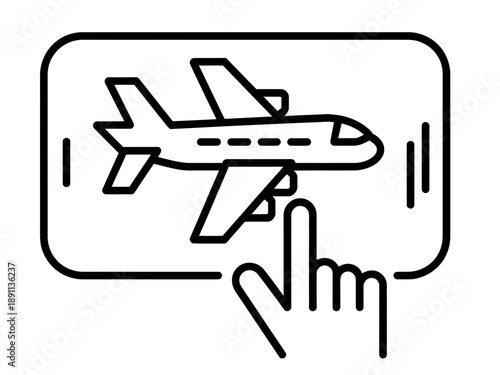 Airplane on a phone screen being touched by a hand line drawing