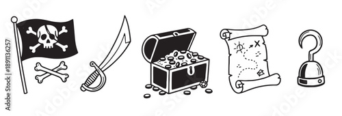Pirate themed icon set featuring Jolly Roger flag with crossed bones, cutlass sword, treasure chest full of gold coins, treasure map and hook.
