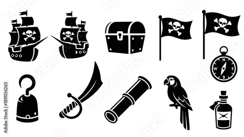 Pirate themed icons collection in black and white, including ships, treasure chest, flag, sword, parrot, and compass