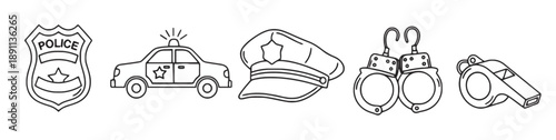 Police equipment set, including badge, patrol car, police cap, handcuffs, and whistle, sketch style, vector illustration, isolated on white background, graphic symbols for law enforcement