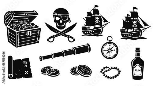 Pirate treasure chest, skull and crossbones, pirate ship, spyglass, compass, rum bottle, treasure map, coins, and pirate necklace icons in black silhouette on white background