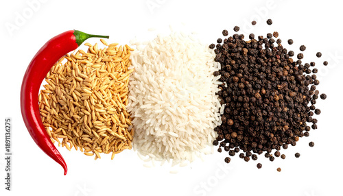 A red pepper, grains, white rice, and black peppercorns, each in separate piles