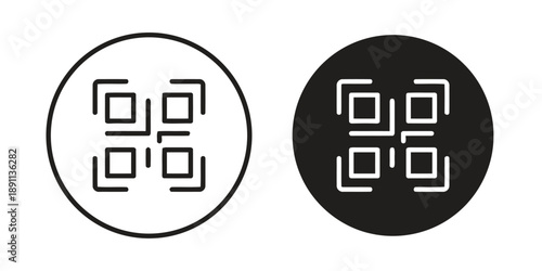 QR code icons presented in two distinct styles: outline within a circle and solid black circle, symbolizing digital information, scanning, connectivity, and modern technology integration