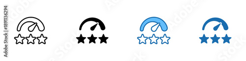 Rating or performance meter icon set featuring gauge and three stars in outline, black, light blue, and blue variations