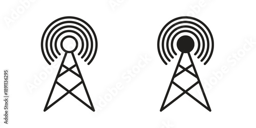 Radio tower icon broadcasting signal waves in outline and filled styles representing communication network and transmission tower technology