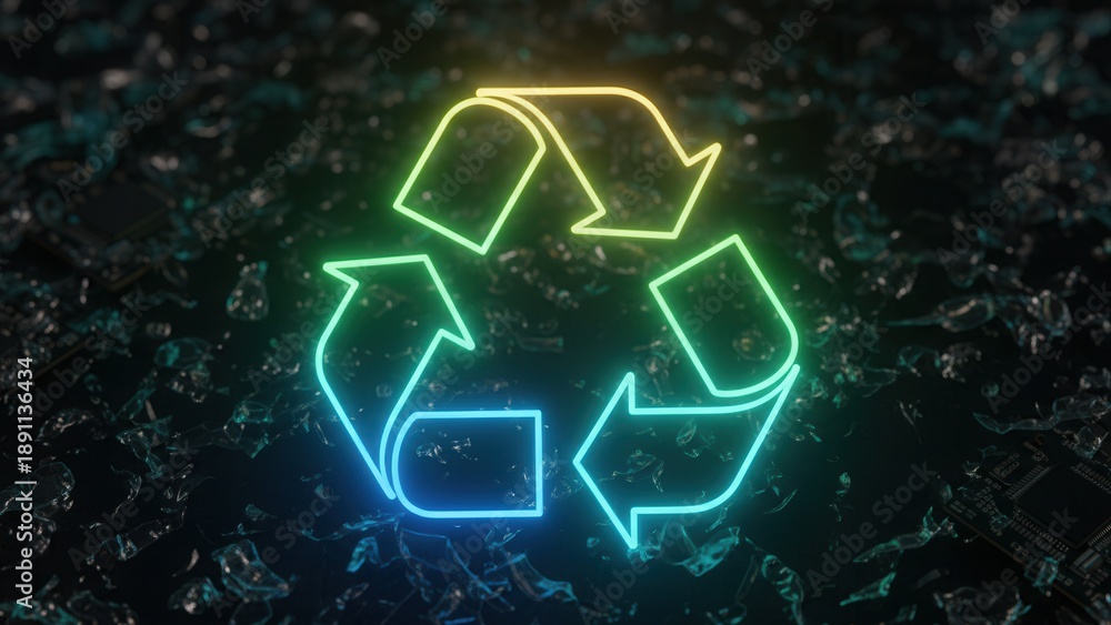 Obraz premium Vibrant neon recycling symbol illuminating a dark, fragmented electronic landscape for