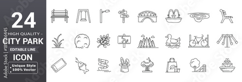 City park line icons including trees, recycling, eco nature, clean energy, landscape walking zones, and public spaces editable outline vector set;