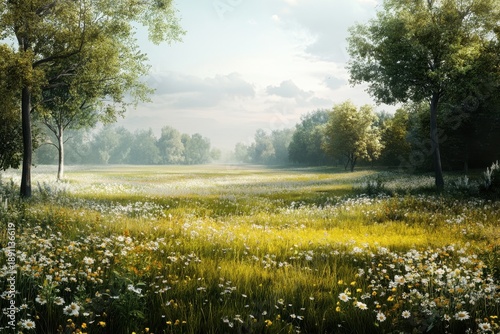 Vast meadow filled with wildflowers under a clear sky in a tranquil landscape