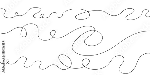 Thin squiggle line set. Wavy wiggle stripe. Curvy hread or yarn lines for decor, separate, divider. Tangled squiggly linear doodle shapes. Vector