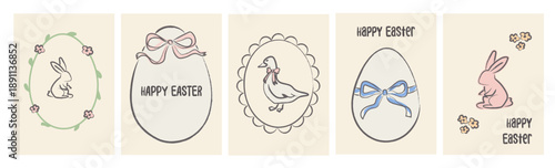 Hand drawn sketchy Easter greeting cards with bunny, goose, egg frames, bows. Cute spring holiday illustrations for baby posters, invitations, banners. Vector illustration isolated on background.