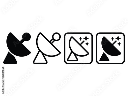 Four satellite dish icons in black and white on a white background