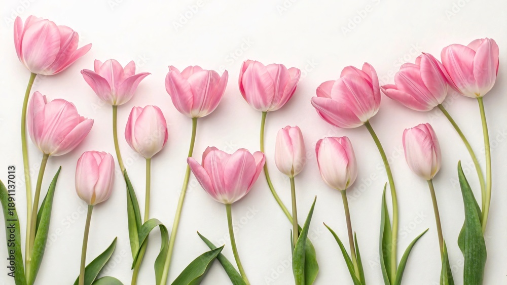 Fototapeta premium Vibrant pink tulips arranged on white background
