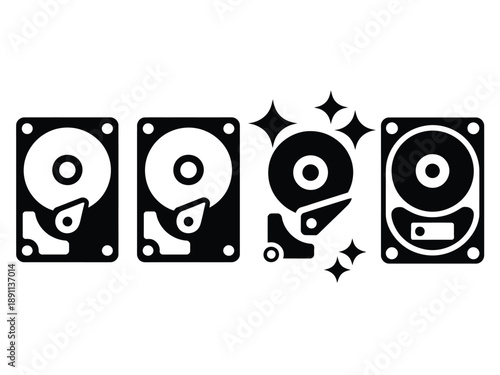Four hard drive icons in black and white on a plain background
