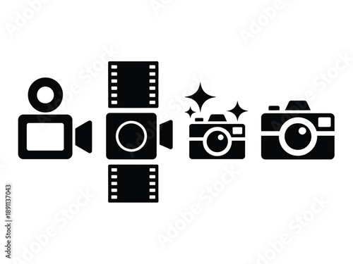 Icons of video camera film and cameras in black and white design art