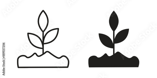 Seedling plant icon outline and solid fill representing growth, new life, nature, farming, organic, sustainability and plant development for eco-friendly design