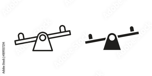Seesaw balance scale icon, outline and solid silhouette depicting balance, equality, comparison, and equilibrium, on white.