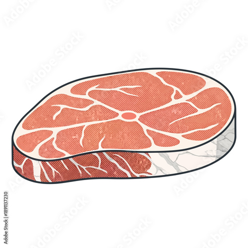 Raw Beef Steak Vector Illustration, Marbled Meat Cut Isolated on White Background, Delicious Protein Food Source