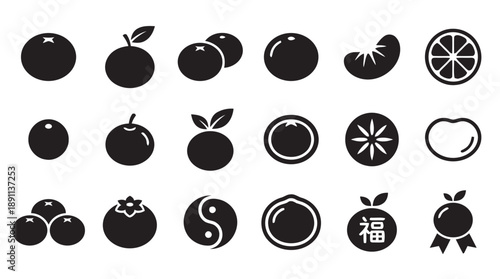 Selection of fruit icons, primarily oranges and citrus, depicting freshness and health, with various arrangements for natural food themes.