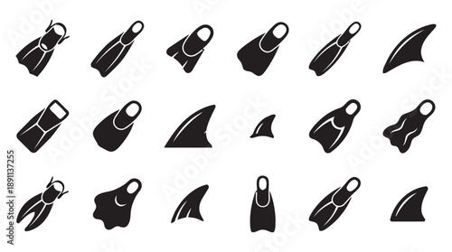 Selection of scuba diving fins and shark fins, presented as simple black silhouettes, ideal for water sports, marine life, or summer themes, on white background.