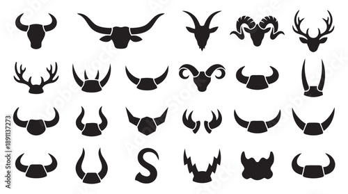 Set of animal horns and antlers icons on white background, bull horns, ram horns, deer antlers, goat horns, buffalo horns for wildlife and nature theme design elements