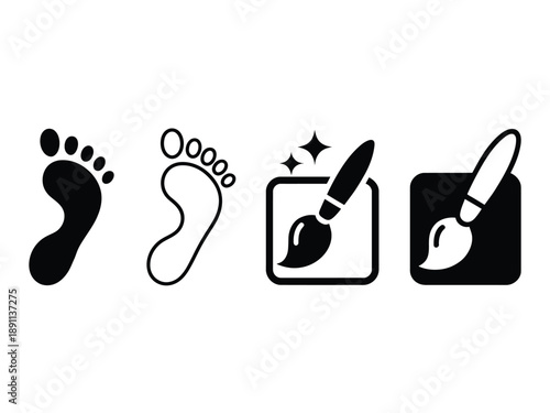 Illustration of footprints and paintbrushes in black and white icons