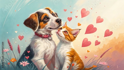 Adorable dog and cat friendship scene with floating hearts