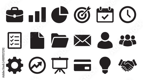 Set of black flat icons representing business concepts and office elements including briefcase graphs pie chart target calendar clock checklist document folder envelope user group and cogwheel