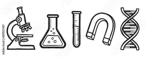 Scientific equipment collection with microscope flask test tube magnet and DNA helix for biology chemistry and research study