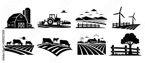 Rural farm landscape with barn, tractor, fields, and cows, featuring windmills and fences under a scenic sky, depicting agricultural life and renewable energy in a stylized vector graphic