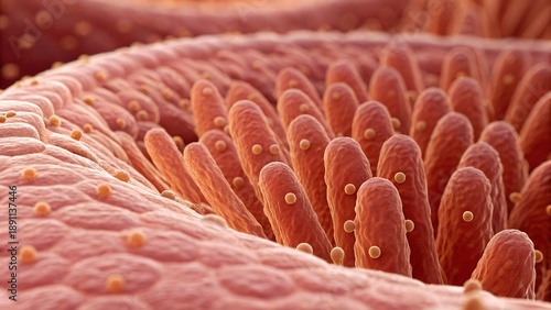 High-magnification view of intestinal villi, showing millions of finger-like projections on the mucosal membrane, soft organic textures with visible tiny capillaries inside, anatomical precision.
