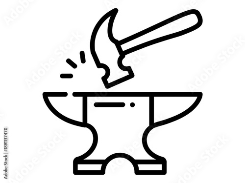 Outline drawing of a hammer hitting an anvil with sparks flying