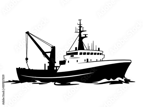 Illustration of a fishing boat with a crane in black and white