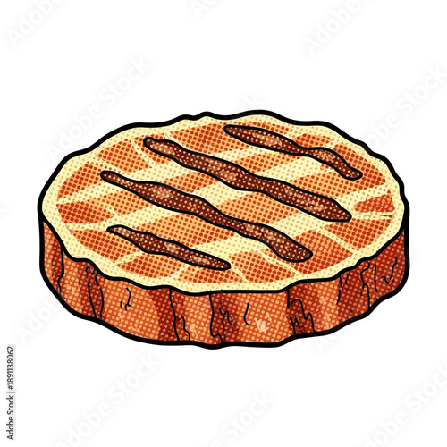 Vector illustration of a grilled meat patty with char marks in a vibrant retro pop art style, symbolizing sustainable food and cultivated protein