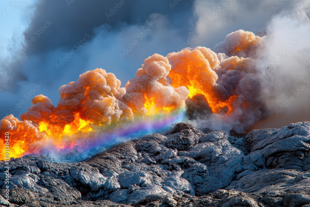 Fototapeta premium Volcano lava eruption magma rainbow smoke fire ash steam landscape under dramatic sky, molten rock flow, glowing heat meeting ocean water, vibrant color band cutting through dense plume, raw power