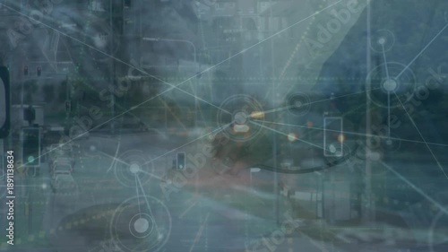 Animation of network of connections over mid section of doctor with stethoscope against city traffic