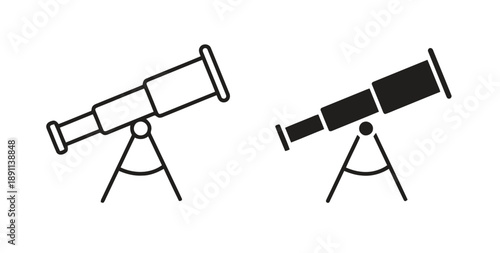 Set of telescope icons, one in outline style and one in solid black, showing astronomical instrument on tripod for stargazing and scientific observation.