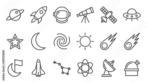Set of space and astronomy themed line art icons featuring planet, rocket, astronaut helmet, telescope, satellite, UFO, star, moon, galaxy, sun, comet and constellation